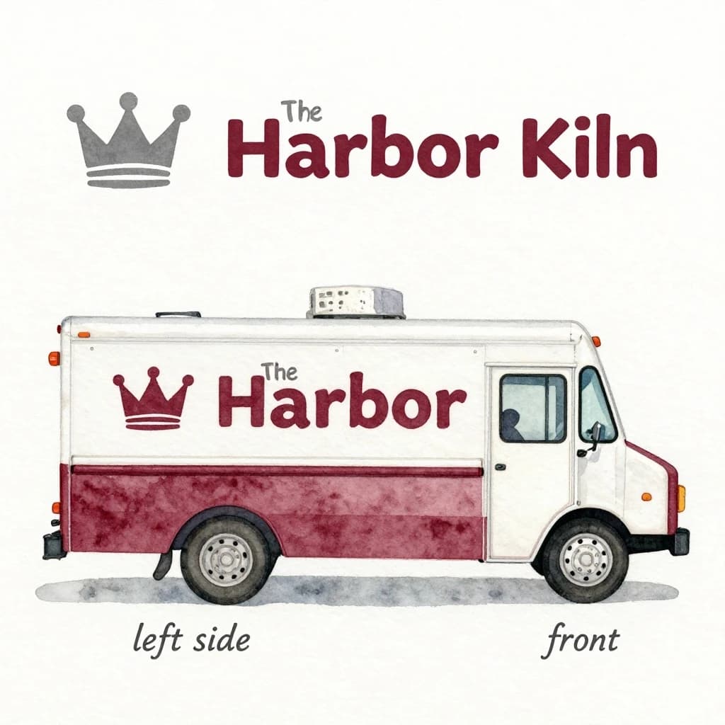 Watercolor of the same food truck drawn in two sides, captioned "left side" and "front", every side carrying the wordmark "The Harbor Kiln" with a simple crown outline beside it in the same maroon-and-gray coloring, only the side changing.