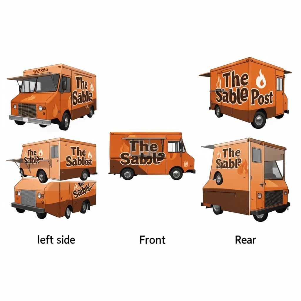 Printed poster: one food truck in three sides. The sides are captioned "left side", "front" and "rear" in that order. The wordmark "The Sable Post" appears on every side with a small flame icon beside it. The orange-and-brown coloring is the same across every side, and only the side changes.