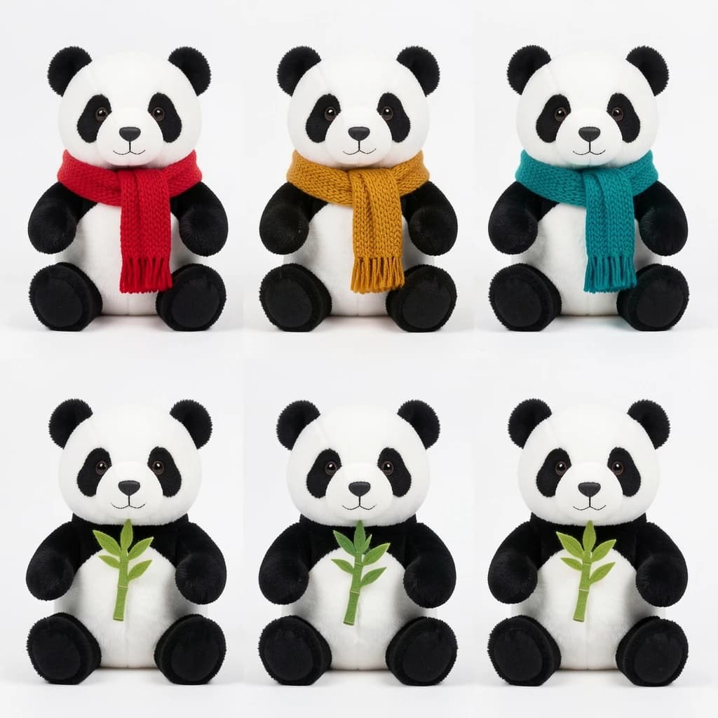 Studio product photography, plain white variant grid: six panda plushes in two rows of three, all seated facing camera. The top row wears knit scarves in red, mustard and teal. The bottom three wear no scarves, each holding a small felt bamboo shoot.