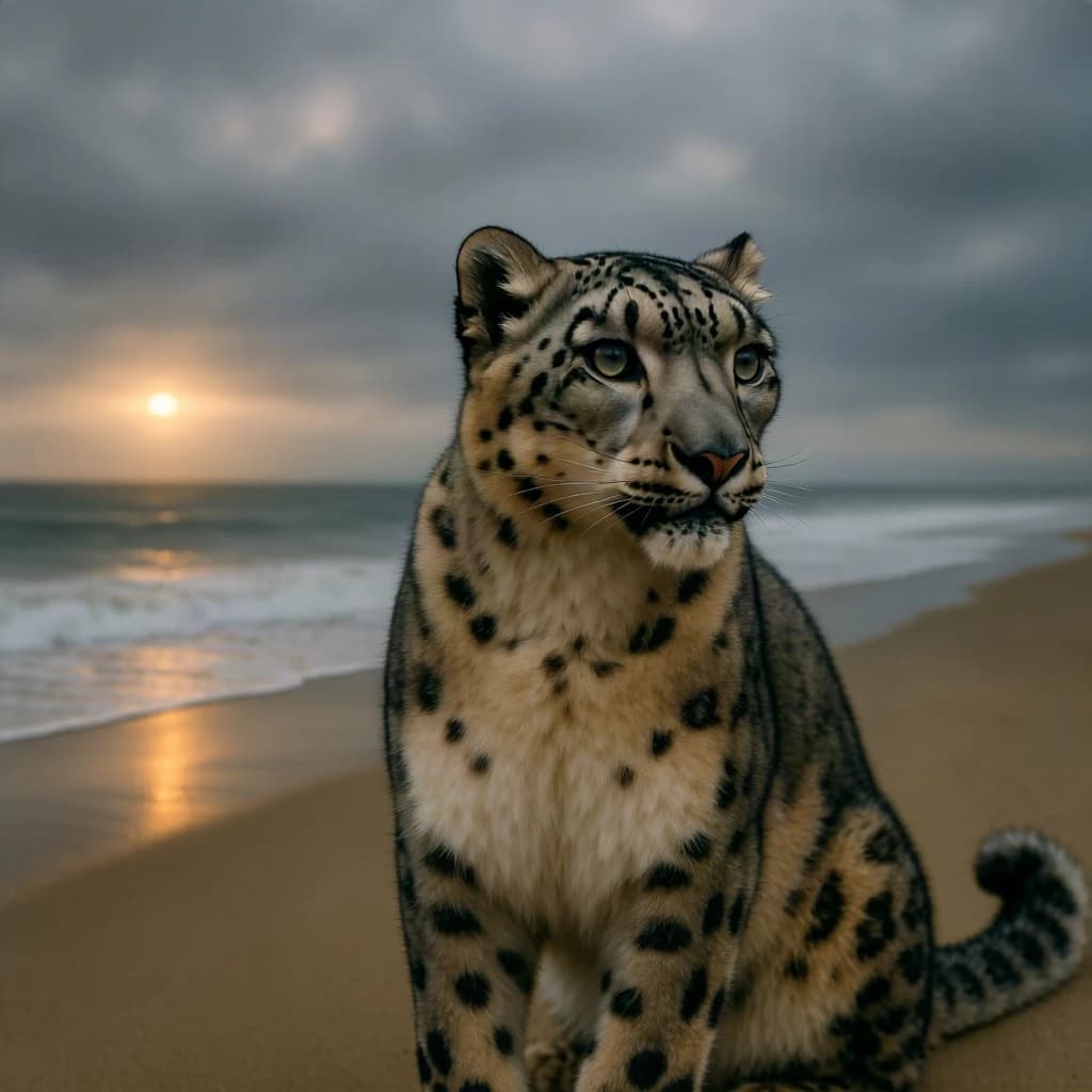 The pause when a snow leopard meets a low band of sun, on a windswept beach, under an overcast sky.