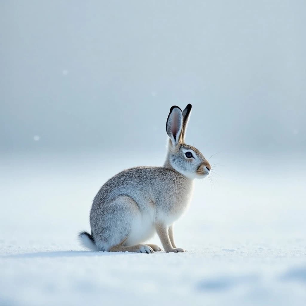 single arctic hare on smooth ice, noon