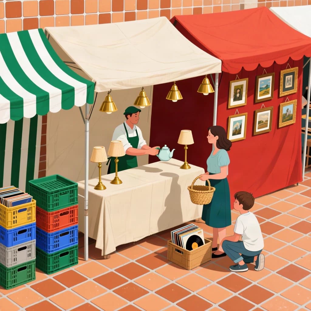 Glass tile mosaic of a Sunday flea market seen from a slightly raised angle, small square tesserae and warm terracotta grout. Three stall awnings in a row: the left one striped green and white over stacked vinyl crates, the middle plain canvas over six brass lamps with only the two tallest wearing shades, the right red awning hung with nine framed pictures in three rows of three. Under the middle awning a vendor in an apron hands a teapot across the table to a woman holding a straw basket, while a boy crouches at her feet by a crate of records. No lettering anywhere.