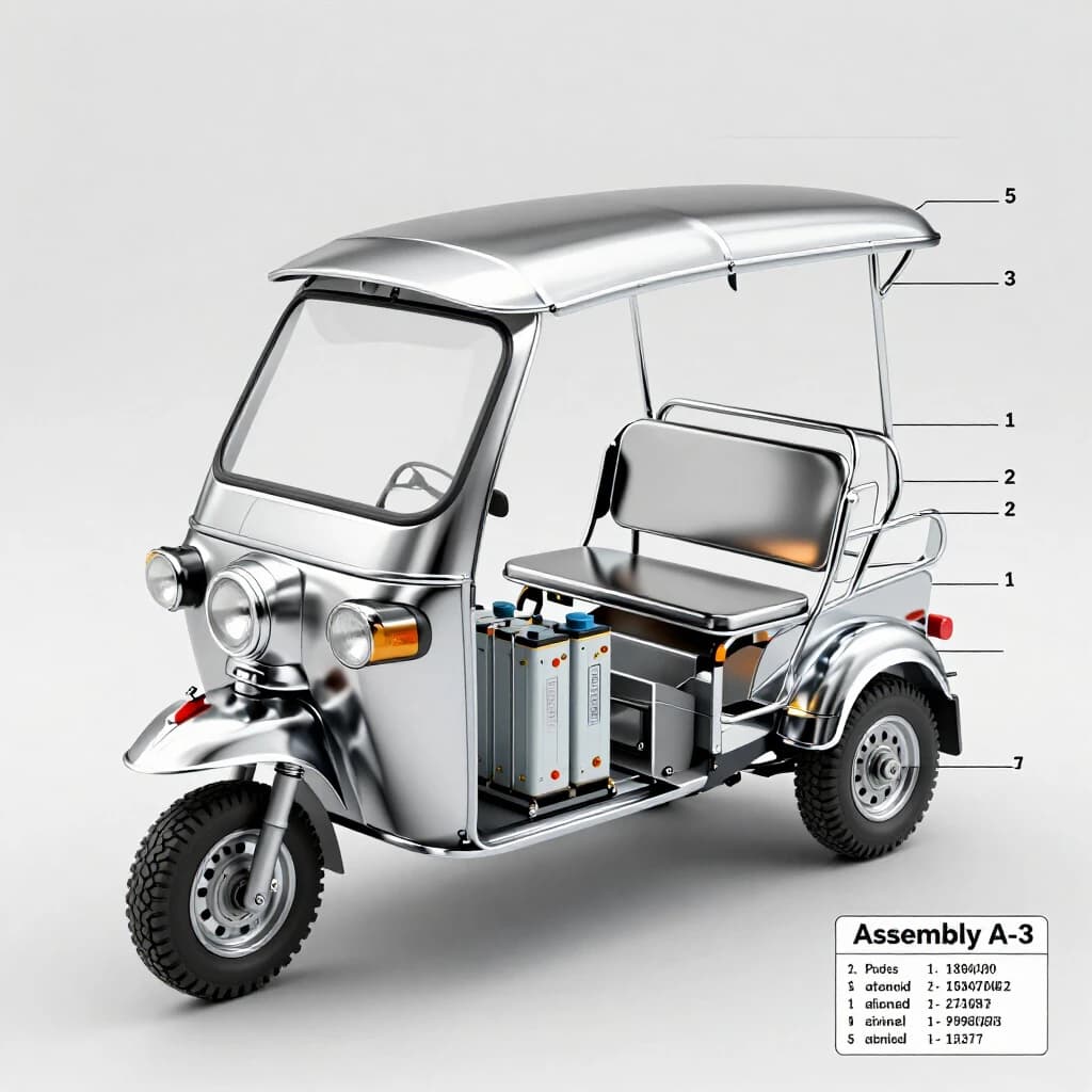 Exploded axonometric of an electric tuk-tuk, every part rendered in polished liquid chrome against a flat pale grey background, parts floating apart along thin leader lines. One front wheel below the fork, two rear wheels off the axle, two battery modules sliding out from under the bench seat with the left module taller than the right, four grab handles above the roof frame, one canopy panel on top. Numbered callouts one through seven with a parts list down the right edge and a title block reading "Assembly A-3".