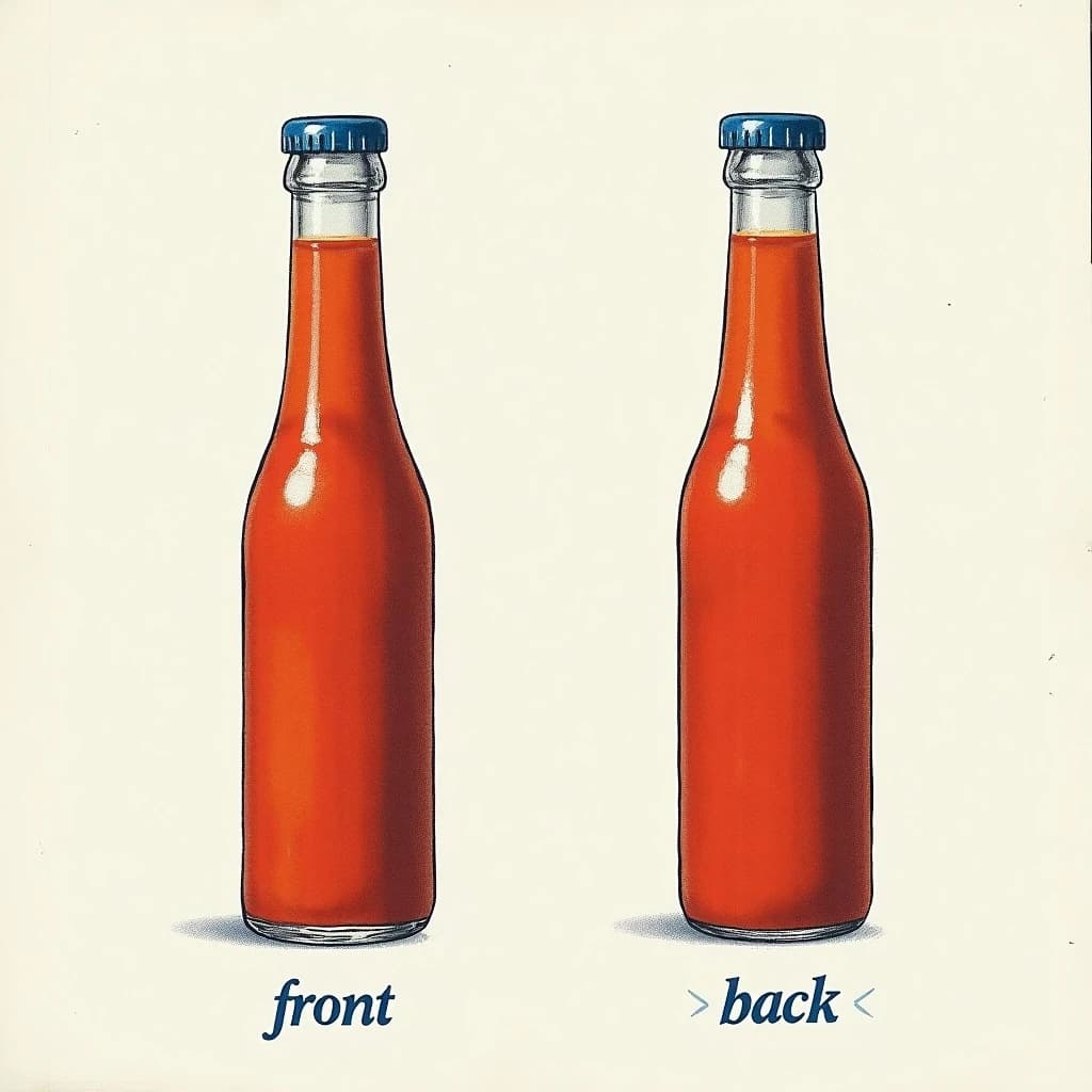 Printed poster of the same hot-sauce bottle drawn in two views, captioned "front" and "back", every view carrying the wordmark "Glass & Row" with a single droplet symbol beside it in the same blue-and-silver coloring, only the angle changing.