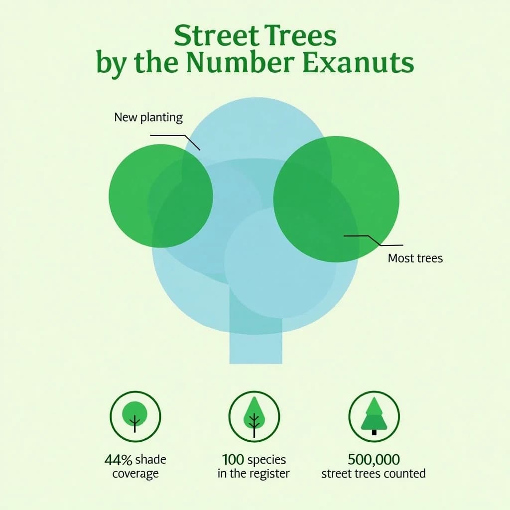 Flat infographic titled "Street Trees by the Numbers": at the center a labeled street-tree diagram, carrying two keyed regions, "New planting" shaded light blue and "Most trees" shaded dark green, beside a bottom row of three stat chips reading "44% shade coverage", "110 species in the register" and "51,000 street trees counted".