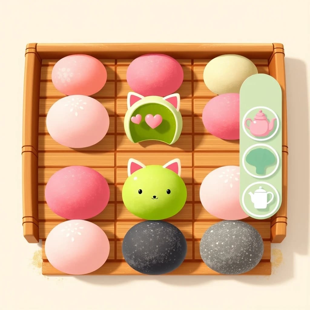 Match three board for a cozy sweets game, cute stylized 3D animation look. Nine mochi in a three by three grid on a bamboo tray: the top row strawberry pink, the middle row matcha green, the bottom row black sesame grey. The center green one has a bite taken out and a small heart icon floating above it. Two of the pink mochi wear tiny cat ears. To the right of the tray, a vertical strip of three power up icons, a whisk, a teapot and a fan. Soft pastel lighting, glossy dusted surfaces.