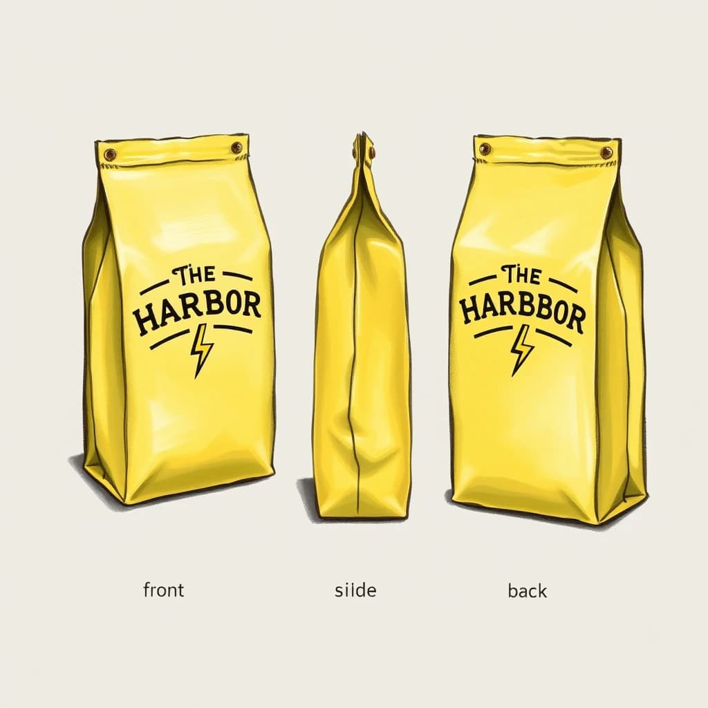 Gouache painting of the same coffee bag drawn in three views, captioned "front", "side" and "back", every view carrying the wordmark "The Harbor Bay" with a lightning-bolt symbol beside it in the same black-and-yellow coloring, only the angle changing.