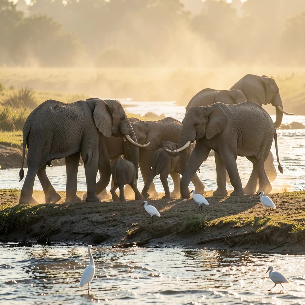 Wildlife photograph for a conservation campaign: a herd crossing a dusty riverbed in low sun. Seven elephants walking left to right, three adults flanking on the outside and two calves tucked between them, one adult trailing at the rear with a broken tusk, and the lead matriarch already up the far bank. Four egrets on the ground, only two of them near the calves. Long shadows, dust haze, nothing written in frame.