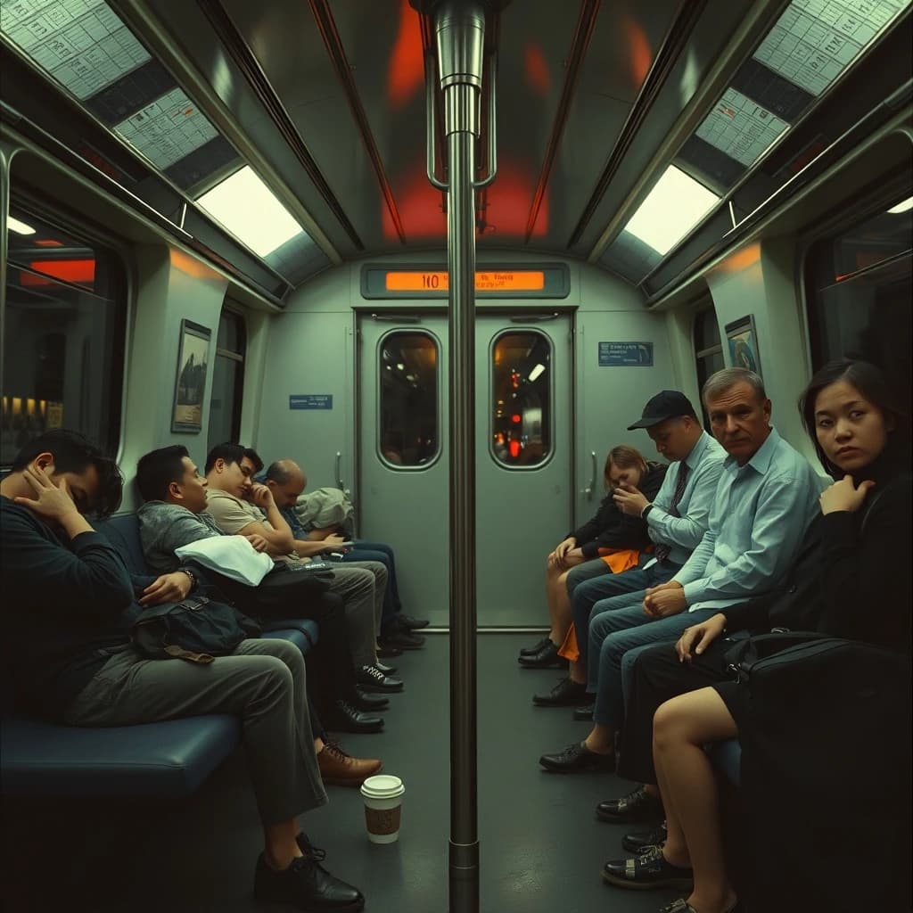 Cinematic photograph inside a late night subway car, handheld, lit only by flickering ceiling strips and orange platform light sliding past the windows. Nine passengers down the car: the three on the left bench all sleep with heads tipped at different angles, the four on the right bench are awake, one folding a paper bag, one holding a bike wheel upright between his knees, one wrapping her own wrist in tape, one staring straight into the lens. Two more stand at the far doors gripping the same pole with a violin case wedged between them. An empty seat beside the nearest sleeper, a coffee cup rolling under it.