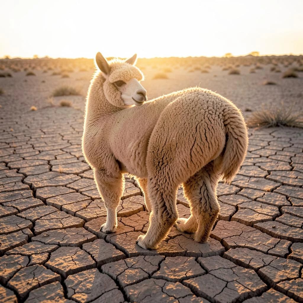 quiet alpaca on cracked earth, backlit
