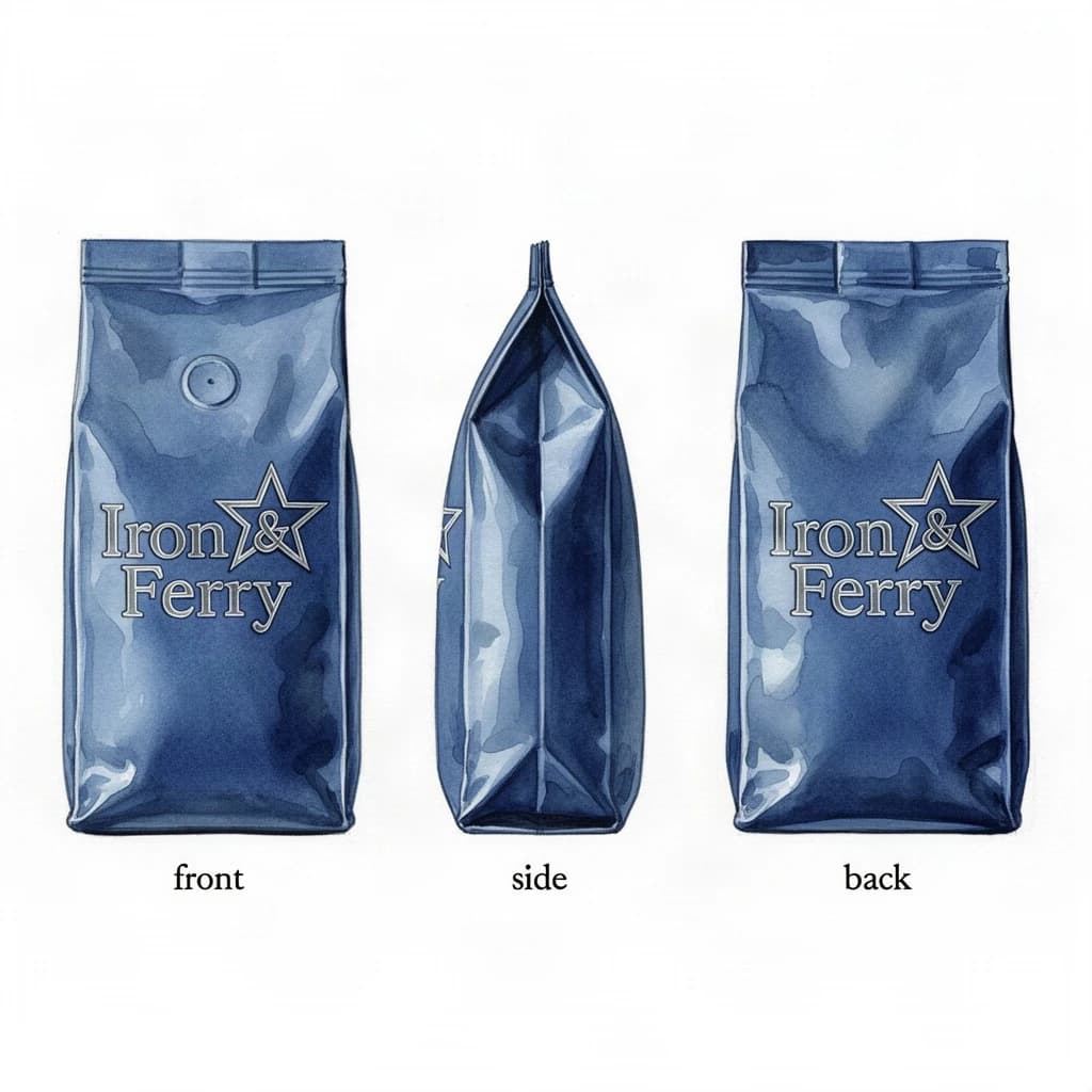 Watercolor of the same coffee bag drawn in three views, captioned "front", "side" and "back", every view carrying the wordmark "Iron & Ferry" with a five-point star outline beside it in the same blue-and-silver coloring, only the angle changing.