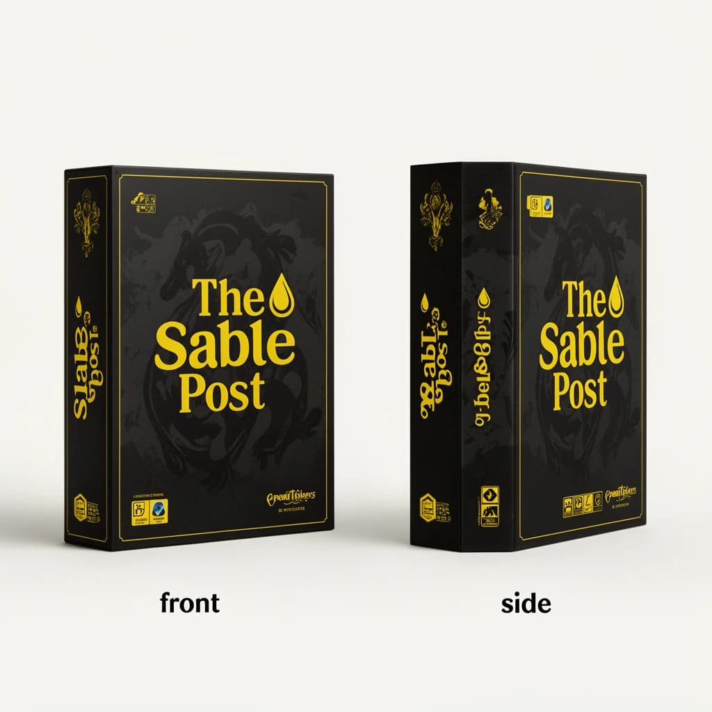 Printed poster of the same board-game box drawn in two views, captioned "front" and "side", every view carrying the wordmark "The Sable Post" with a single droplet symbol beside it in the same black-and-yellow coloring, only the angle changing.