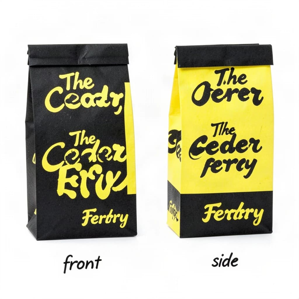 Cut-paper collage: one coffee bag in two views. The views are captioned "front" and "side" in that order. The wordmark "The Cedar Ferry" appears on every view. The black-and-yellow coloring is the same across every view, and only the angle changes.