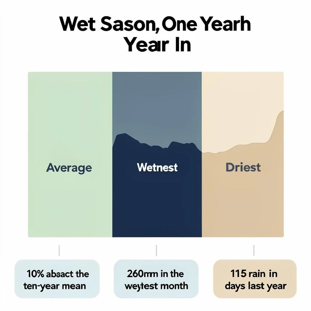 Flat vector illustration titled "Wet Season, One Year In". A twelve-month rainfall timeline sits at the center, carrying three keyed regions, "Average" shaded pale green, "Wettest" shaded dark blue and "Driest" shaded sand. Three stat chips run down a bottom row, reading "10% above the ten-year mean", "260mm in the wettest month" and "115 rain days last year". Each key color matches the shading of the region it names.