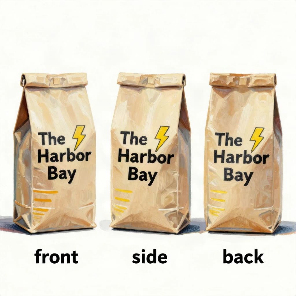 Gouache painting of the same coffee bag drawn in three views, captioned "front", "side" and "back", every view carrying the wordmark "The Harbor Bay" with a lightning-bolt symbol beside it in the same black-and-yellow coloring, only the angle changing.