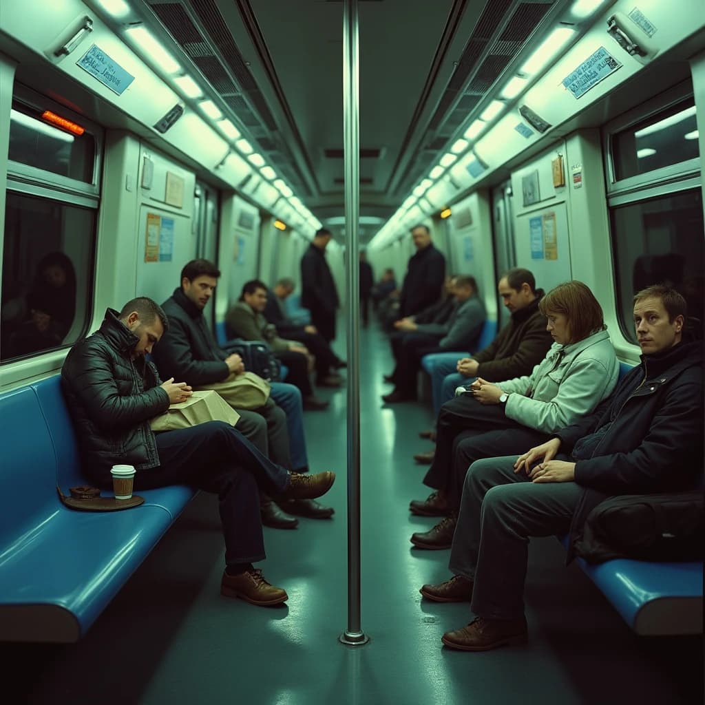 Cinematic photograph inside a late night subway car, handheld, lit only by flickering ceiling strips and orange platform light sliding past the windows. Nine passengers down the car: the three on the left bench all sleep with heads tipped at different angles, the four on the right bench are awake, one folding a paper bag, one holding a bike wheel upright between his knees, one wrapping her own wrist in tape, one staring straight into the lens. Two more stand at the far doors gripping the same pole with a violin case wedged between them. An empty seat beside the nearest sleeper, a coffee cup rolling under it.