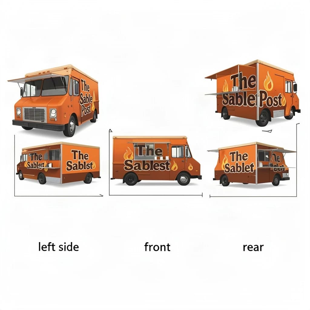 Printed poster: one food truck in three sides. The sides are captioned "left side", "front" and "rear" in that order. The wordmark "The Sable Post" appears on every side with a small flame icon beside it. The orange-and-brown coloring is the same across every side, and only the side changes.