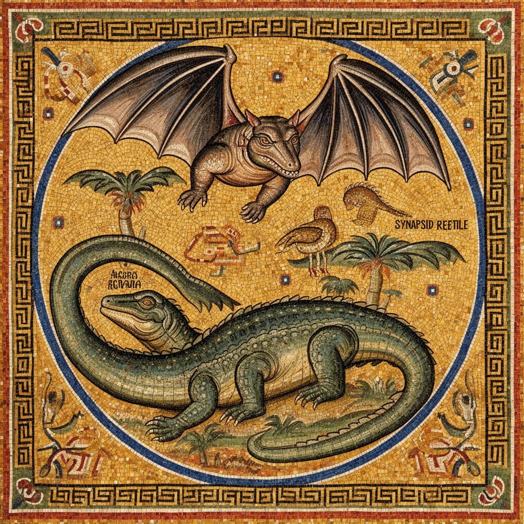 Synapsid Reptile and Bat in Accra, Ghana in the style of byzantine