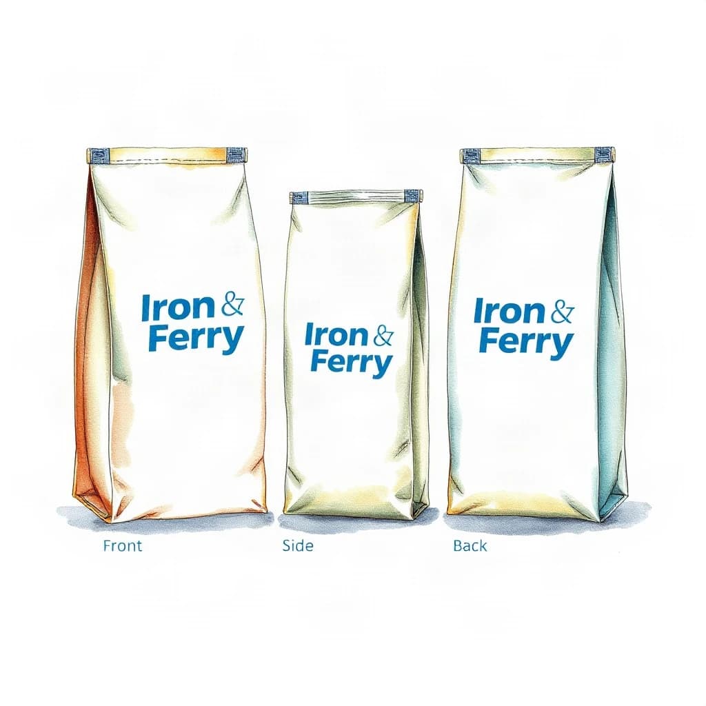 Watercolor of the same coffee bag drawn in three views, captioned "front", "side" and "back", every view carrying the wordmark "Iron & Ferry" with a five-point star outline beside it in the same blue-and-silver coloring, only the angle changing.