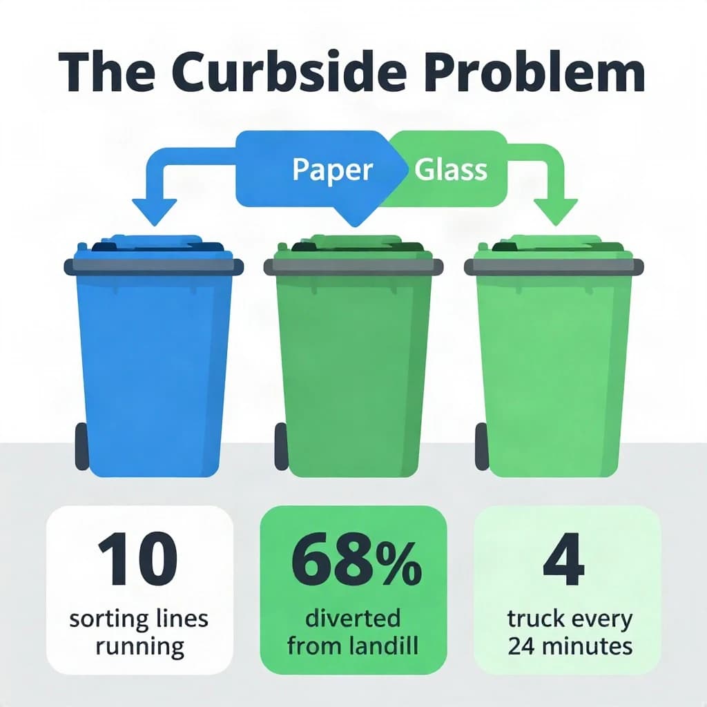 Flat vector illustration titled "The Curbside Problem". Three sorting bins with arrows to their destinations sits at the center, carrying two keyed regions, "Paper" shaded blue and "Glass" shaded green. Three stat chips run down a bottom row, reading "10 sorting lines running", "68% diverted from landfill" and "1 truck every 24 minutes". Each key color matches the shading of the region it names.