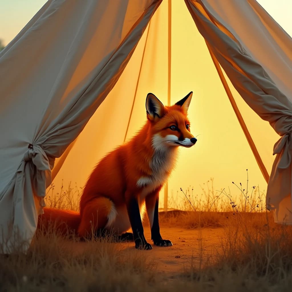 A red fox cast in a warm edge highlight inside a canvas tent, at golden hour, off-center framing with negative space, gouache style.