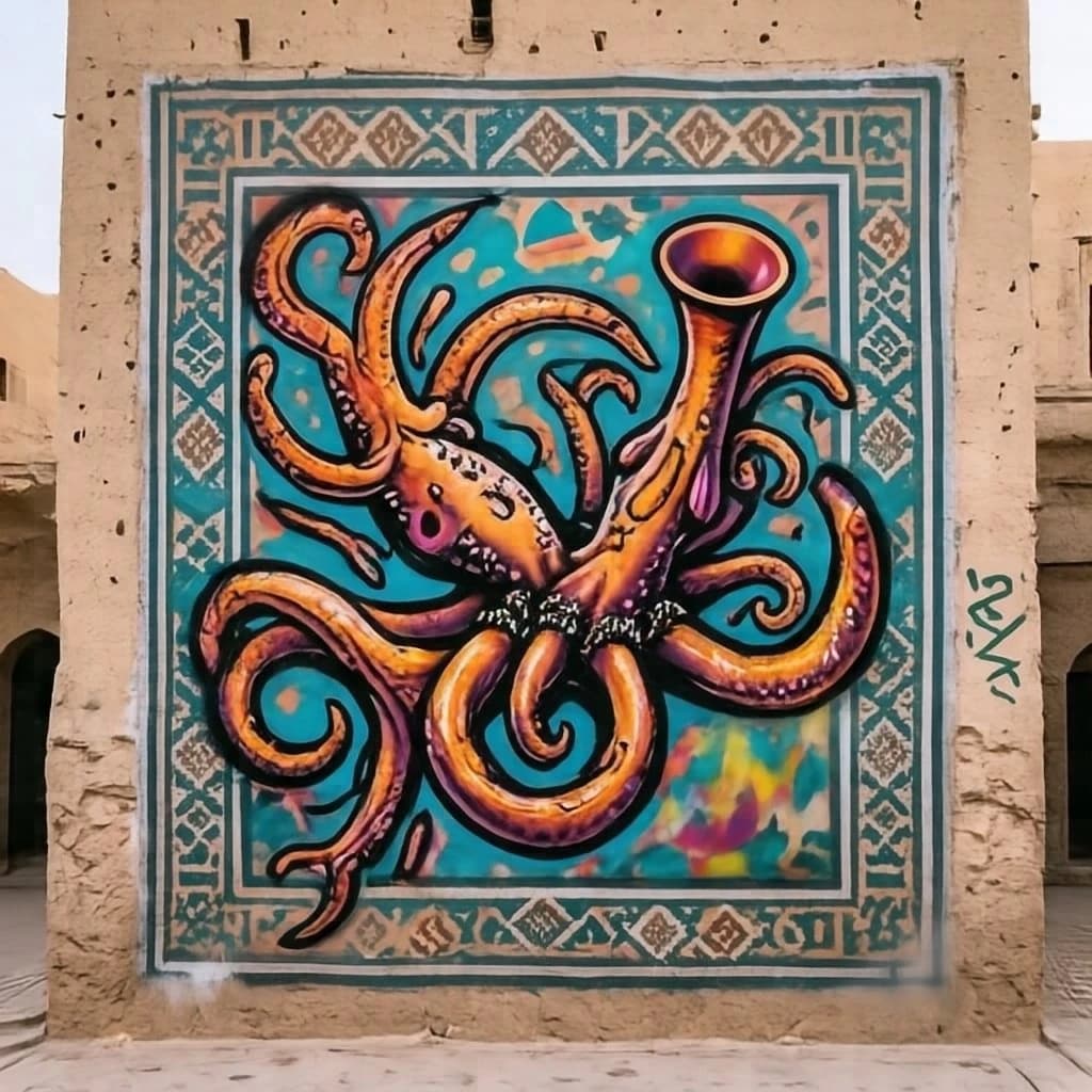 Cornetfish and Spiny Anteater in Riyadh, Saudi Arabia in the style of graffiti
