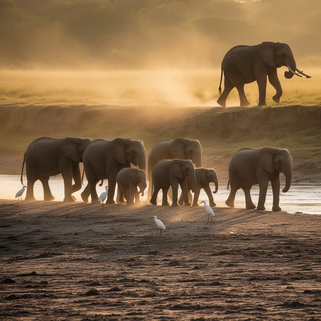 Wildlife photograph for a conservation campaign: a herd crossing a dusty riverbed in low sun. Seven elephants walking left to right, three adults flanking on the outside and two calves tucked between them, one adult trailing at the rear with a broken tusk, and the lead matriarch already up the far bank. Four egrets on the ground, only two of them near the calves. Long shadows, dust haze, nothing written in frame.