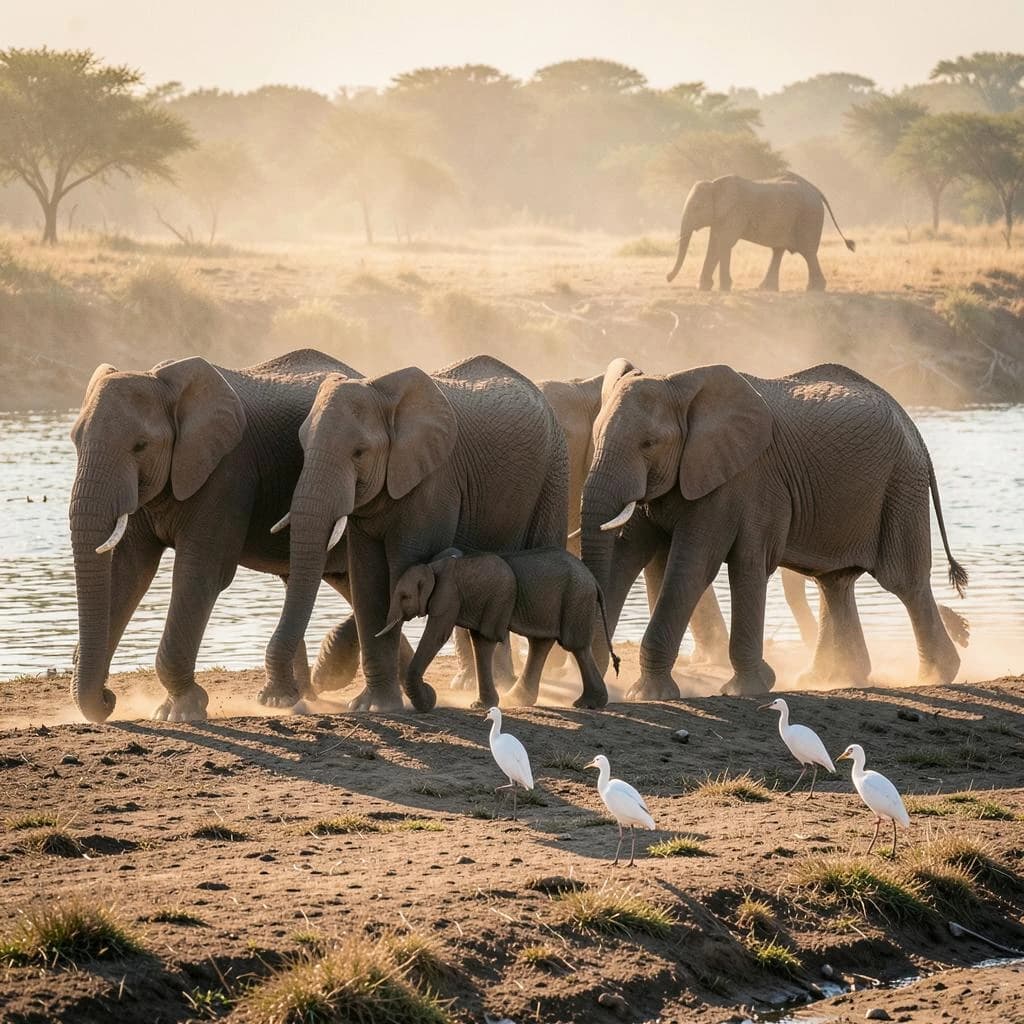 Wildlife photograph for a conservation campaign: a herd crossing a dusty riverbed in low sun. Seven elephants walking left to right, three adults flanking on the outside and two calves tucked between them, one adult trailing at the rear with a broken tusk, and the lead matriarch already up the far bank. Four egrets on the ground, only two of them near the calves. Long shadows, dust haze, nothing written in frame.