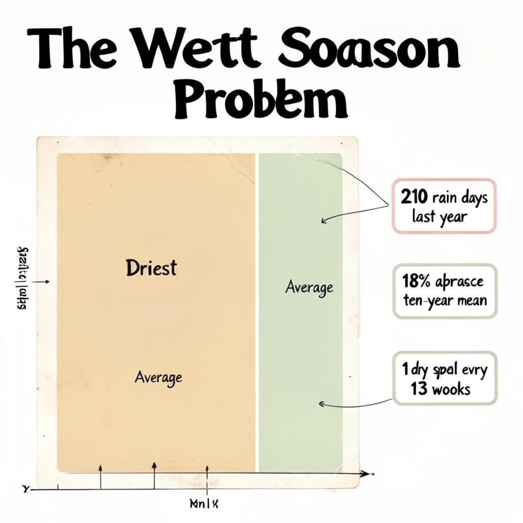 Printed poster titled "The Wet Season Problem". A twelve-month rainfall timeline sits at the center, carrying two keyed regions, "Driest" shaded sand and "Average" shaded pale green. Three stat chips run down a right column, reading "210 rain days last year", "18% above the ten-year mean" and "1 dry spell every 13 weeks". Each key color matches the shading of the region it names.
