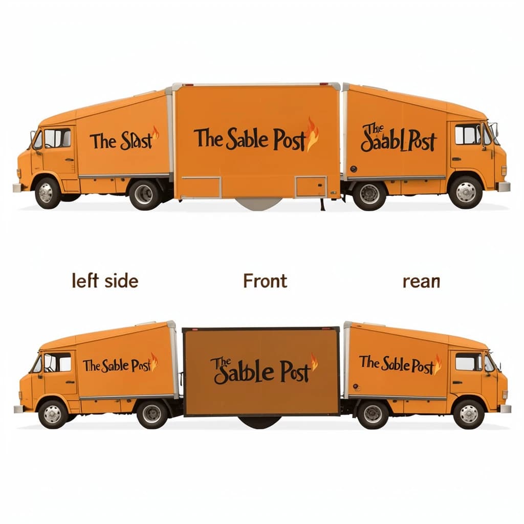 Printed poster: one food truck in three sides. The sides are captioned "left side", "front" and "rear" in that order. The wordmark "The Sable Post" appears on every side with a small flame icon beside it. The orange-and-brown coloring is the same across every side, and only the side changes.