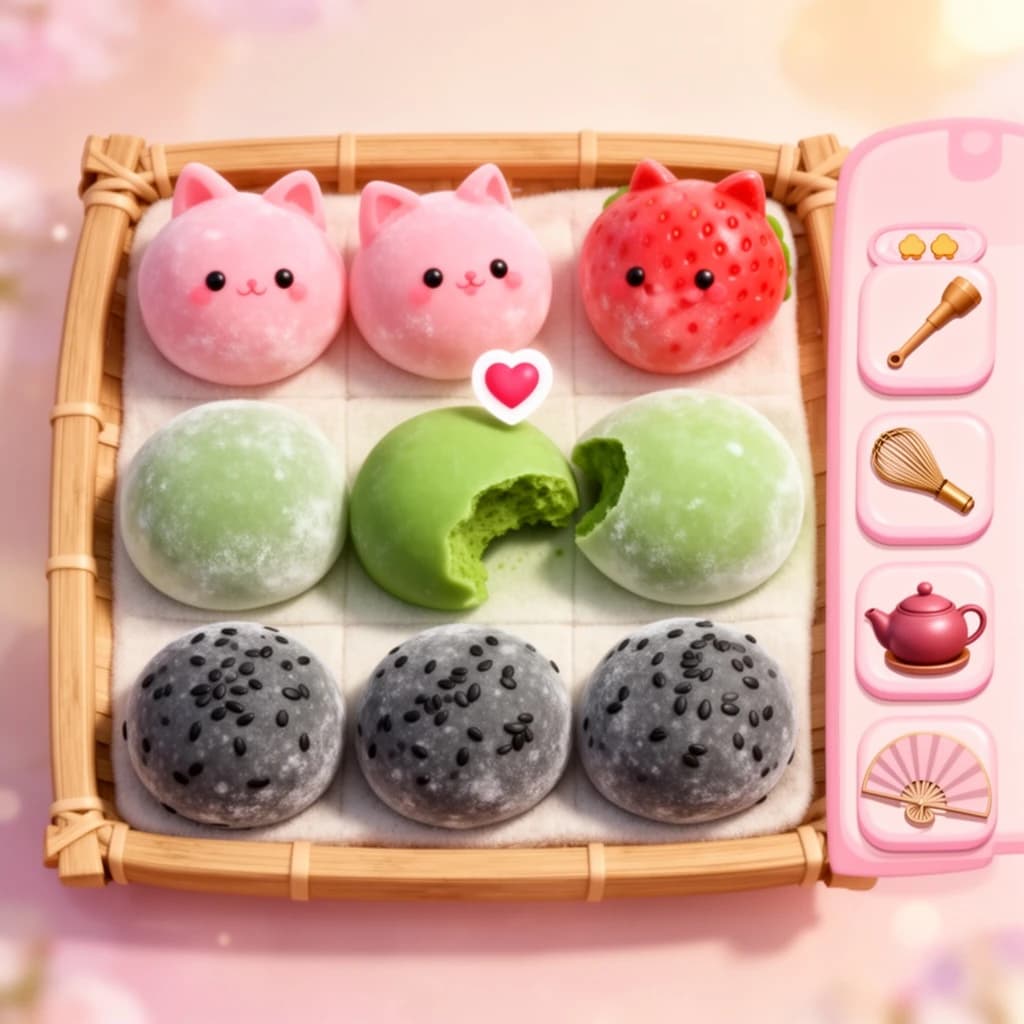 Match three board for a cozy sweets game, cute stylized 3D animation look. Nine mochi in a three by three grid on a bamboo tray: the top row strawberry pink, the middle row matcha green, the bottom row black sesame grey. The center green one has a bite taken out and a small heart icon floating above it. Two of the pink mochi wear tiny cat ears. To the right of the tray, a vertical strip of three power up icons, a whisk, a teapot and a fan. Soft pastel lighting, glossy dusted surfaces.