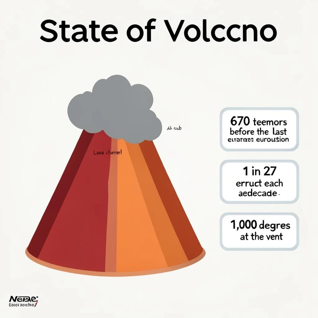 Flat vector illustration titled "State of Volcano": at the center a cutaway cone, carrying three keyed regions, "Lava channel" shaded red, "Ash cloud" shaded gray and "Magma chamber" shaded orange, beside a right column of three stat chips reading "670 tremors before the last eruption", "1 in 27 erupt each decade" and "1,000 degrees at the vent".
