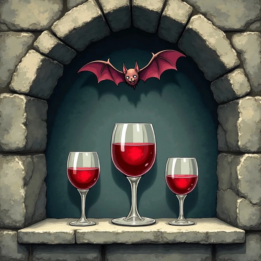 Gothic key-item illustration for a vampire card game: a stone niche with a pointed arch, three goblets on the ledge, the tall center one brimming with red wine, the two squat ones either side bone dry, and a bat hanging from the arch directly above the full goblet.
