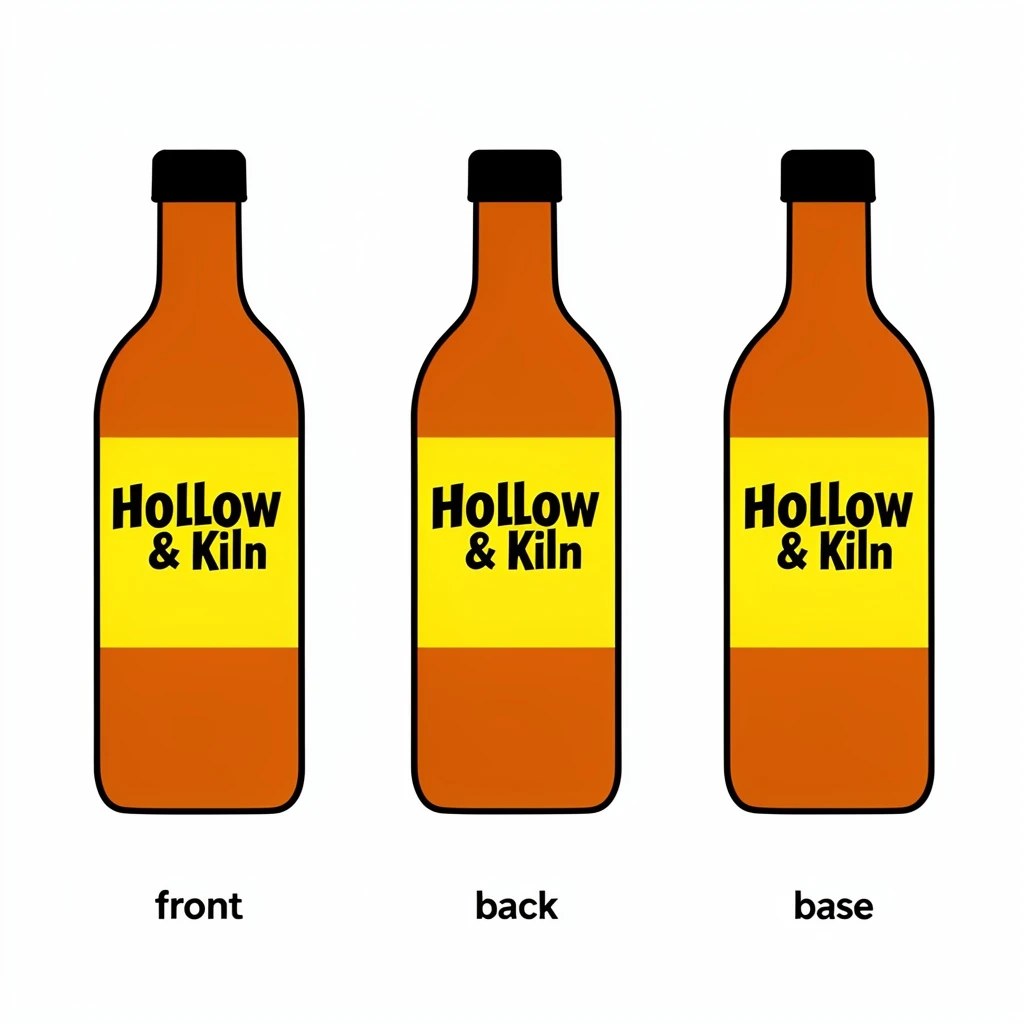 Flat vector illustration of the same hot-sauce bottle drawn in three views, captioned "front", "back" and "base", every view carrying the wordmark "Hollow & Kiln" in the same black-and-yellow coloring, only the angle changing.