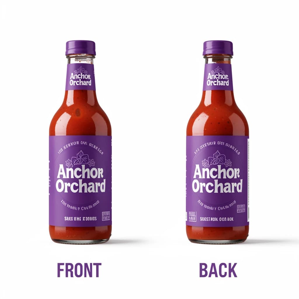 Printed poster: one hot-sauce bottle in two views. The views are captioned "front" and "back" in that order. The wordmark "Anchor Orchard" appears on every view. The purple-and-white coloring is the same across every view, and only the angle changes.