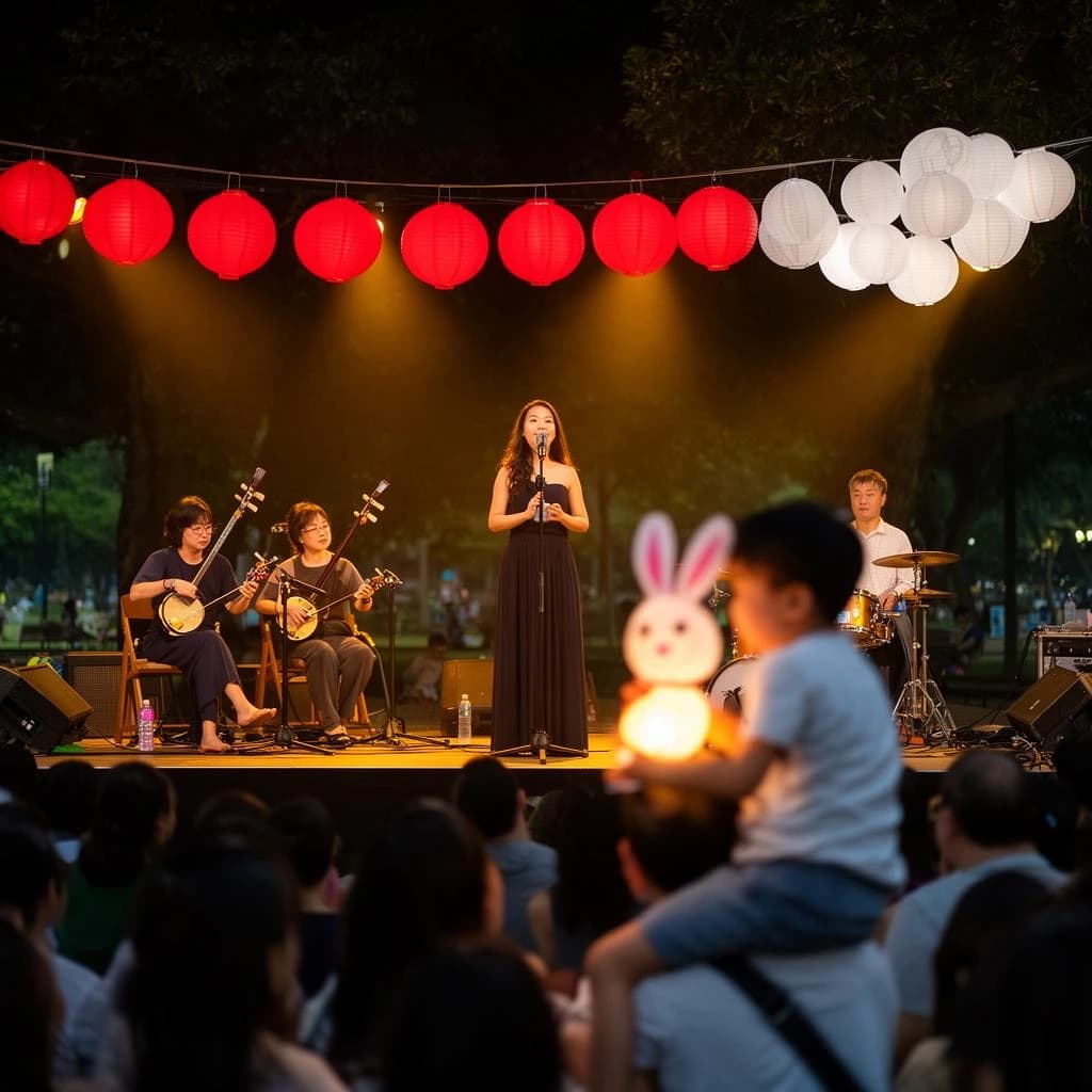 Concert photography, a Mid-Autumn Festival night in a Hong Kong park, shot from inside the crowd toward a low stage lit by warm floods. A singer at the centre microphone holds a note with both hands off the stand; on her left two erhu players sit side by side, on her right a single drummer stands. Eleven paper lanterns hang above the stage, the seven red ones strung in a line and the four white ones clustered at the right end. In the near foreground, out of focus, a child on a father's shoulders holds a rabbit lantern.
