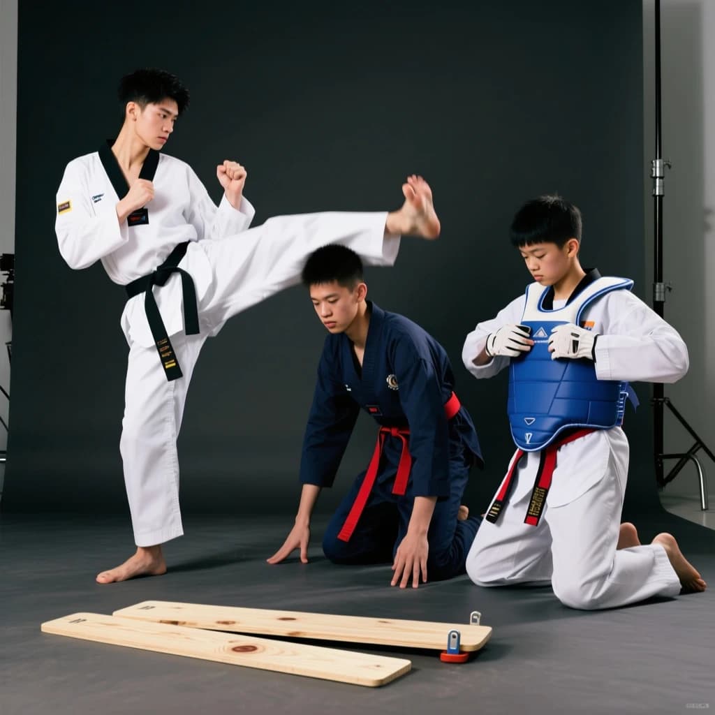 Studio photography, stunt and costume reference on a seamless charcoal backdrop, one hard key from camera left. Three taekwondo athletes in a tight diagonal: the tallest, in a white uniform with a black belt, holds a side kick frozen at chest height; the shortest, in navy with a red belt, ducks under it with both palms flat on the floor; the third kneels behind them fastening a blue chest guard onto a folded uniform. Two snapped pine boards lie at the front edge of the frame, a third board still whole in a holder's gloved hands.