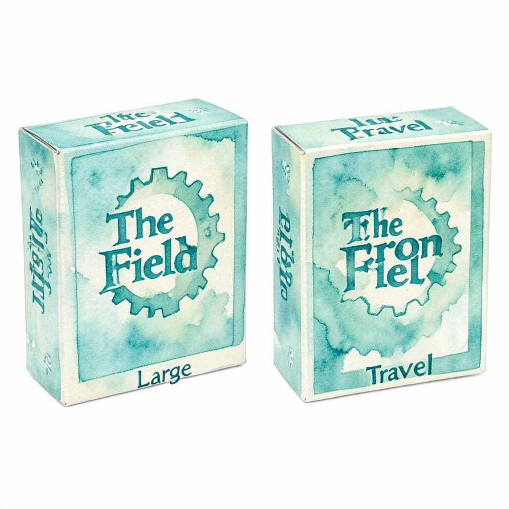 Watercolor: one board-game box in two editions. The editions are captioned "Large" and "Travel" in that order. The wordmark "The Iron Field" appears on every edition with a six-tooth gear mark beside it. The teal-and-cream coloring is the same across every edition, and only the box size changes.