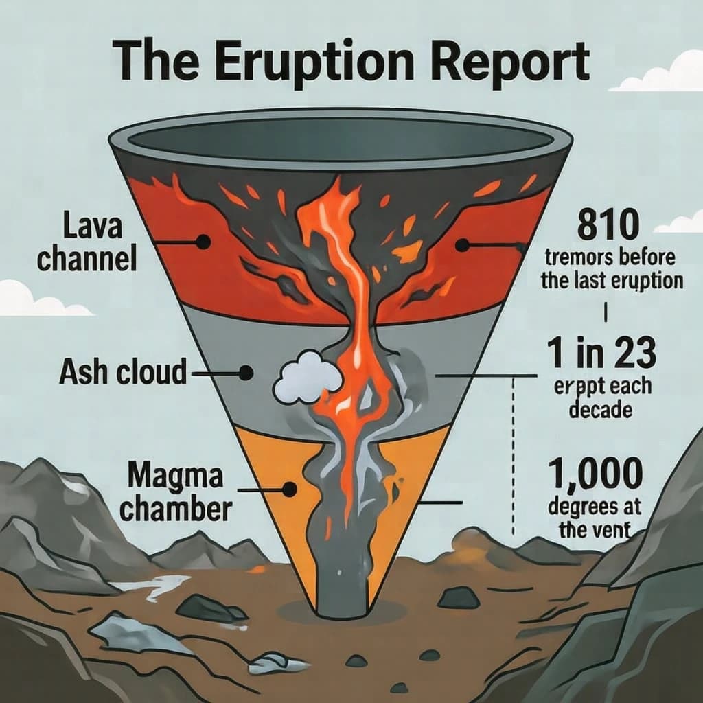 Flat vector illustration titled "The Eruption Report". A cutaway cone sits at the center, carrying three keyed regions, "Lava channel" shaded red, "Ash cloud" shaded gray and "Magma chamber" shaded orange. Three stat chips run down a right column, reading "810 tremors before the last eruption", "1 in 23 erupt each decade" and "1,000 degrees at the vent". Each key color matches the shading of the region it names.