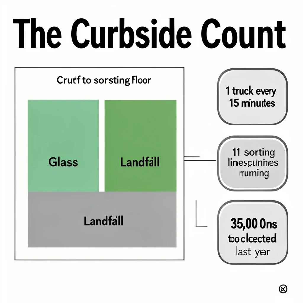 Printed poster titled "The Curbside Count": at the center a flow chart from curb to sorting floor, carrying two keyed regions, "Glass" shaded green and "Landfill" shaded gray, beside a right column of three stat chips reading "1 truck every 15 minutes", "11 sorting lines running" and "35,000 tons collected last year".