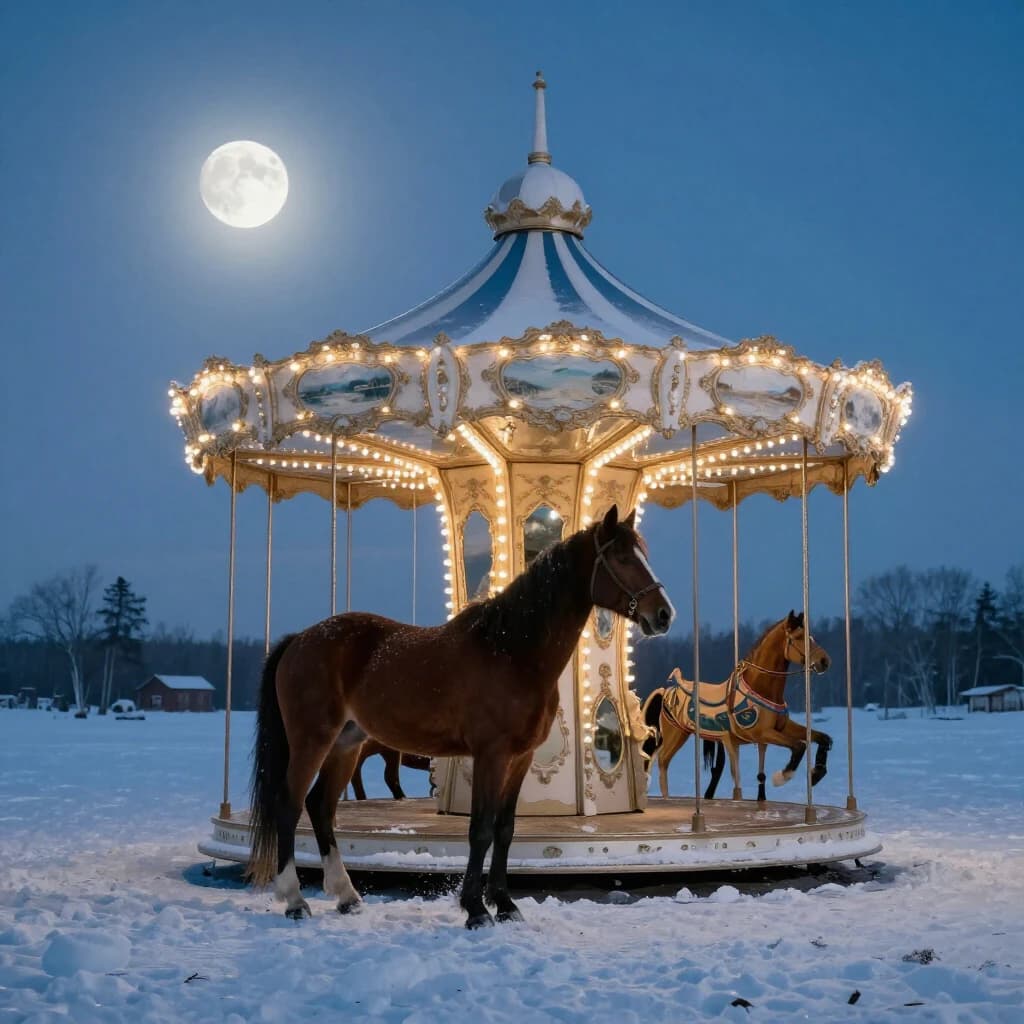 single carousel horse in deep snow, moonlight