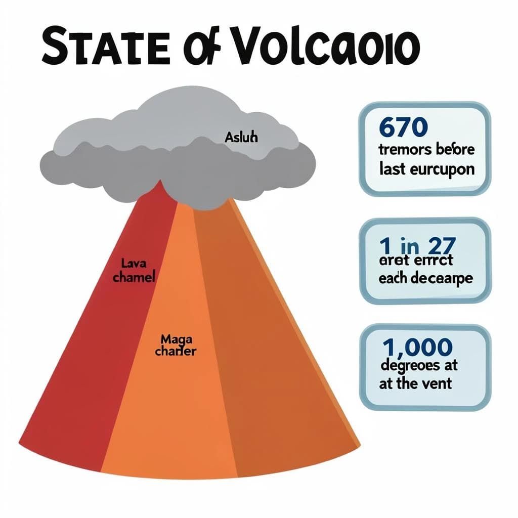 Flat vector illustration titled "State of Volcano": at the center a cutaway cone, carrying three keyed regions, "Lava channel" shaded red, "Ash cloud" shaded gray and "Magma chamber" shaded orange, beside a right column of three stat chips reading "670 tremors before the last eruption", "1 in 27 erupt each decade" and "1,000 degrees at the vent".