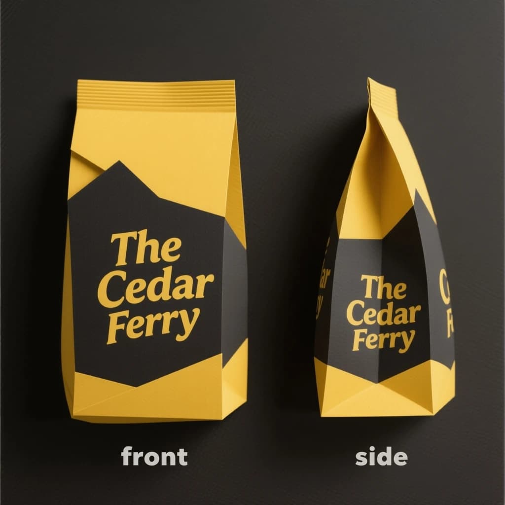 Cut-paper collage: one coffee bag in two views. The views are captioned "front" and "side" in that order. The wordmark "The Cedar Ferry" appears on every view. The black-and-yellow coloring is the same across every view, and only the angle changes.