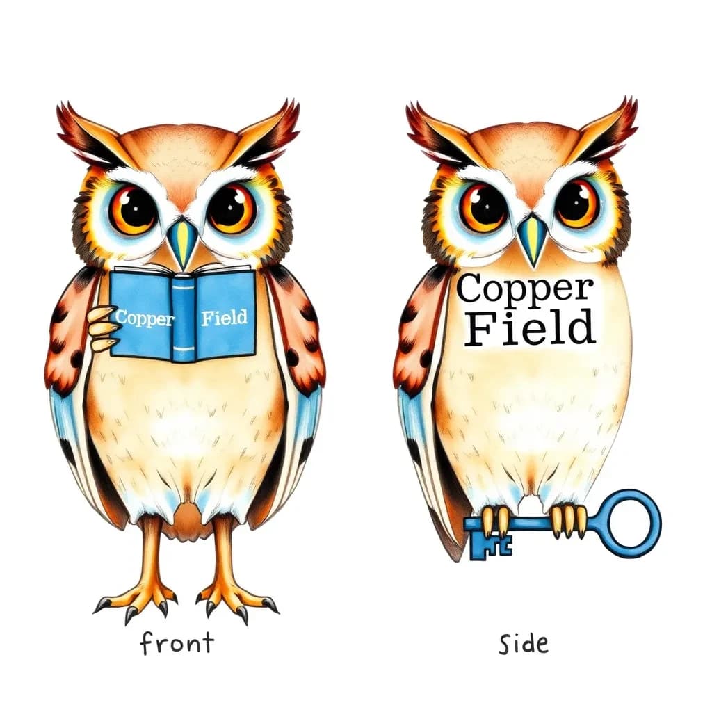 Watercolor of the same bookstore owl mascot drawn in two views, captioned "front" and "side", every view carrying the wordmark "Copper Field" with a key silhouette beside it in the same blue-and-silver coloring, only the angle changing.