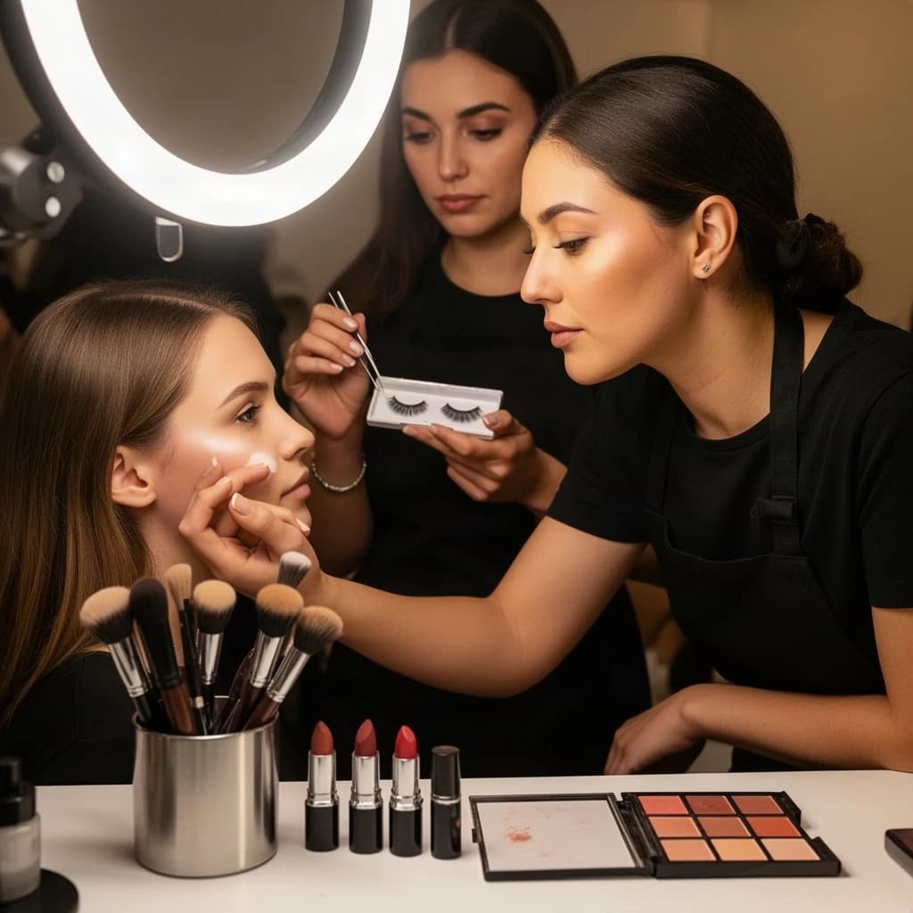 Fashion photograph at a backstage vanity lit by a ring light. A makeup artist in a black apron leans in from the right and blends cream blush into a seated model's cheekbone with her fingers, while a second artist standing behind them holds a lash tray in one hand and tweezers in the other, mid pick. On the counter between them: six brushes standing bristle up in a metal cup, three lipstick bullets lying in a row with their caps off beside them, and one open palette showing two used shades and four untouched. Warm skin tones, glossy highlights, shallow depth of field.