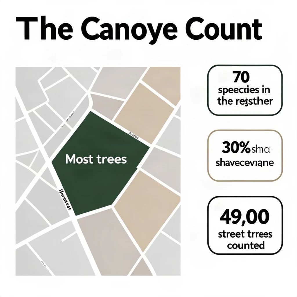 Flat infographic titled "The Canopy Count": at the center a simplified street map with shaded districts, carrying two keyed regions, "Most trees" shaded dark green and "Fewest trees" shaded tan, beside a right column of three stat chips reading "70 species in the register", "30% shade coverage" and "49,000 street trees counted".