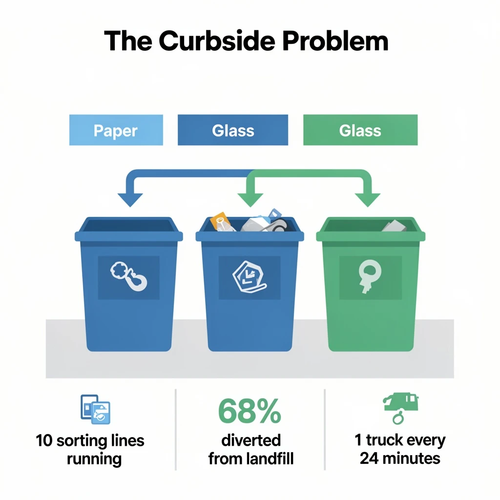 Flat vector illustration titled "The Curbside Problem". Three sorting bins with arrows to their destinations sits at the center, carrying two keyed regions, "Paper" shaded blue and "Glass" shaded green. Three stat chips run down a bottom row, reading "10 sorting lines running", "68% diverted from landfill" and "1 truck every 24 minutes". Each key color matches the shading of the region it names.
