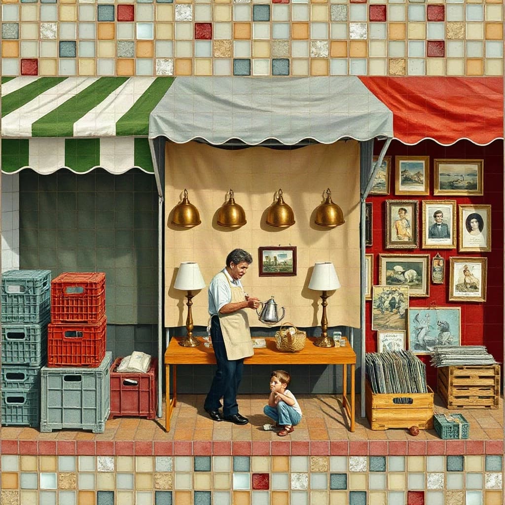 Glass tile mosaic of a Sunday flea market seen from a slightly raised angle, small square tesserae and warm terracotta grout. Three stall awnings in a row: the left one striped green and white over stacked vinyl crates, the middle plain canvas over six brass lamps with only the two tallest wearing shades, the right red awning hung with nine framed pictures in three rows of three. Under the middle awning a vendor in an apron hands a teapot across the table to a woman holding a straw basket, while a boy crouches at her feet by a crate of records. No lettering anywhere.