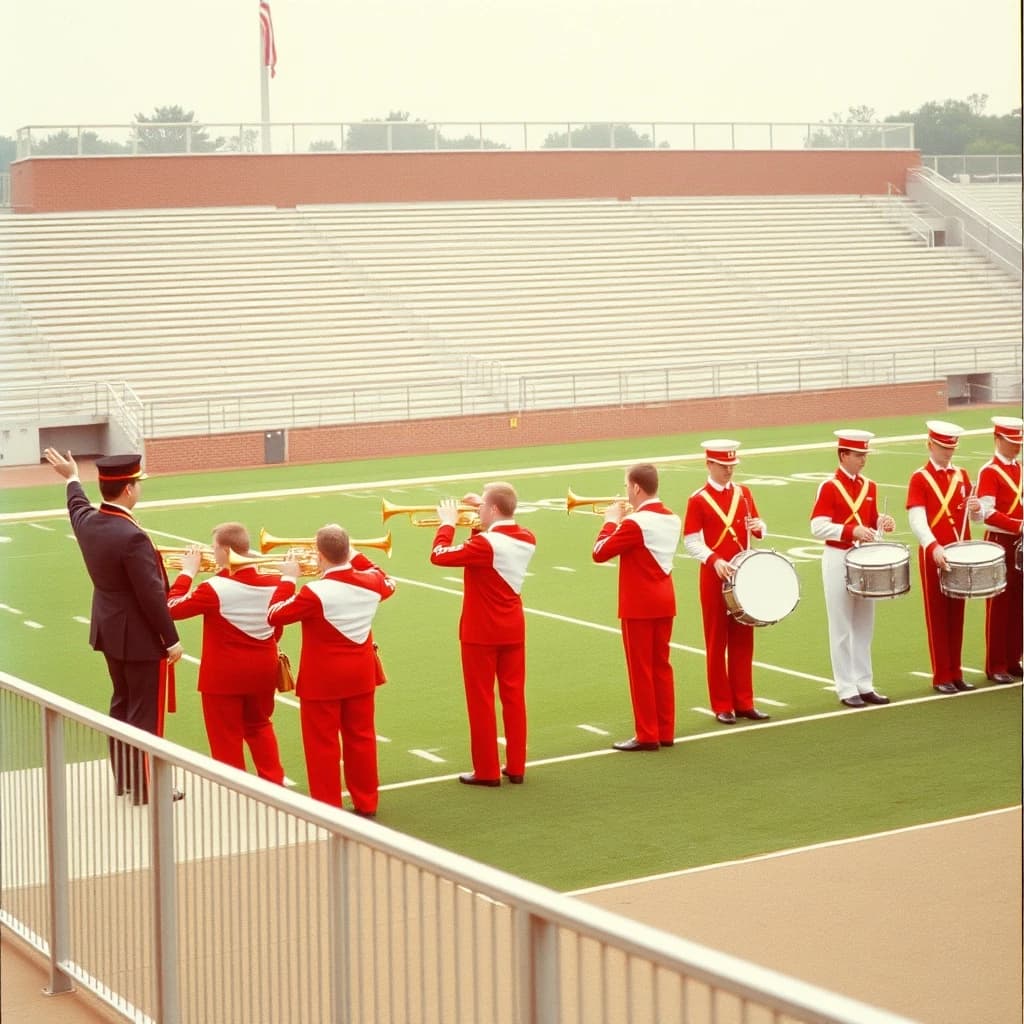 Nineteen seventies Kodachrome-era colour film look, faded warm grain and slight overexposure: a high school marching band seen from a stadium walkway. Front rank of five trumpet players in red and white uniforms, all with horns raised. Behind them three sousaphones in a triangle, the middle player caught mid turn. A line of four drummers to the right, the snare drummer nearest the camera mid stroke. A single drum major stands on a podium at the far left with his back to us, arms up. Empty green field behind them.