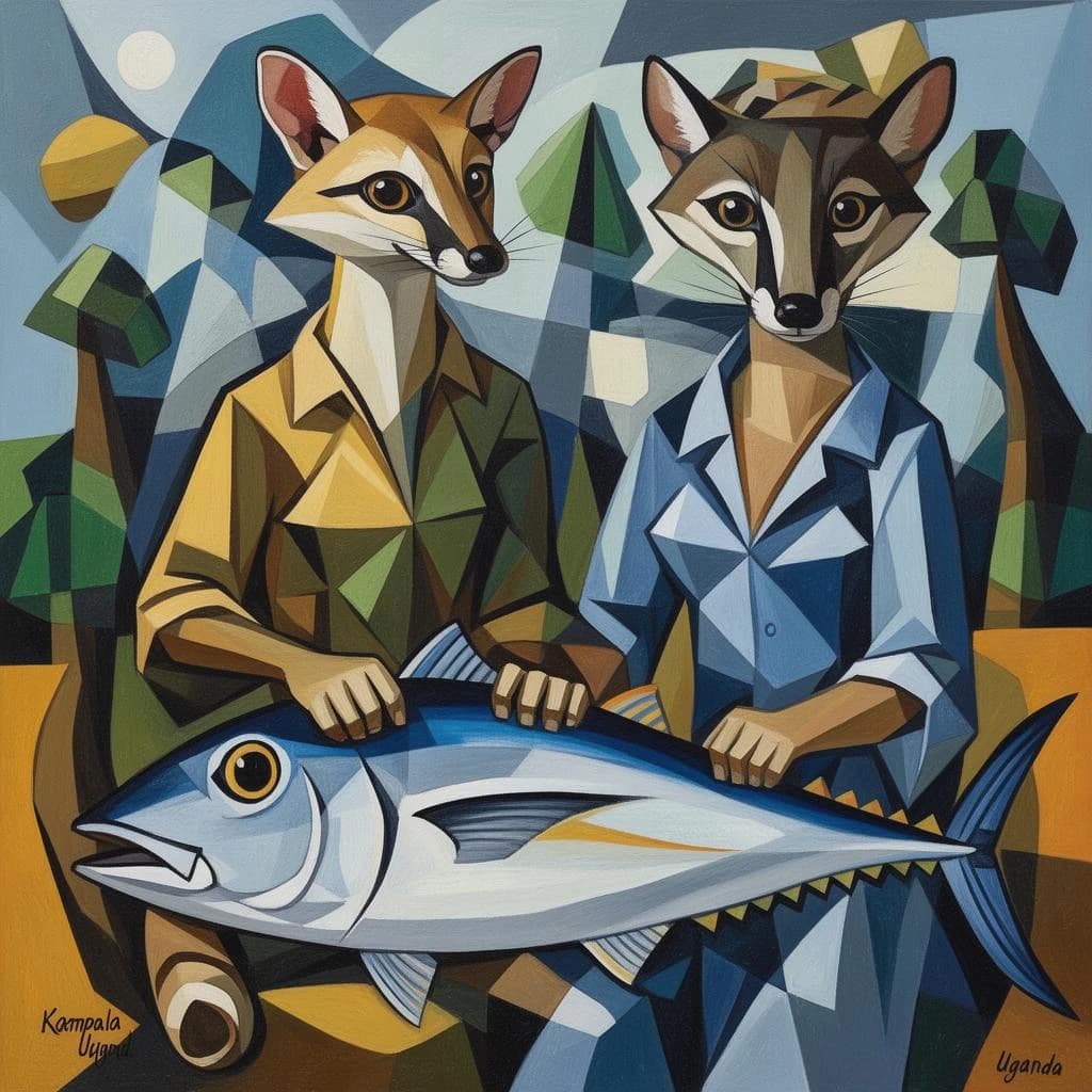 Bassarisk and Skipjack in Kampala, Uganda in the style of cubist